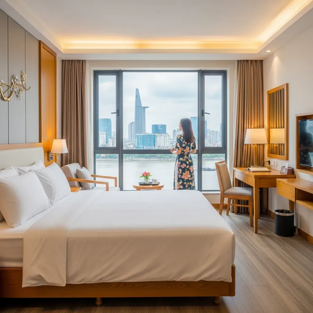 Phòng khách sạn Winston sạch sẽ, cửa sổ lớn nhìn ra sông Sài Gòn, một phụ nữ Việt ngắm cảnh.