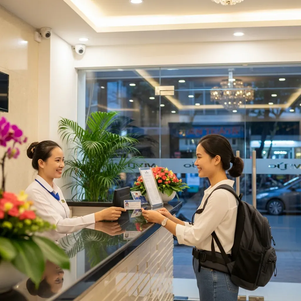 Phụ nữ Việt du lịch một mình nhận phòng tại quầy lễ tân sáng sủa, an toàn.