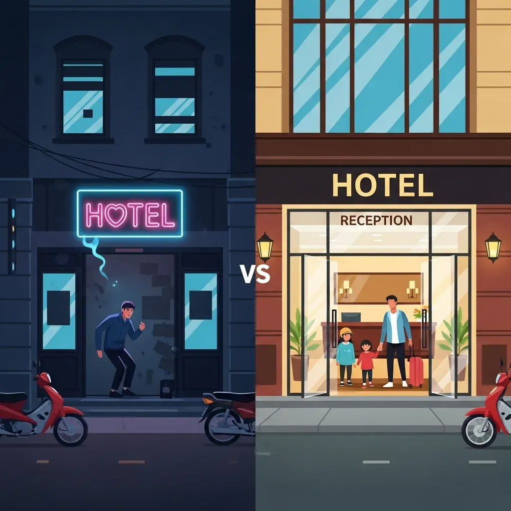 So sánh khách sạn tình yêu trá hình với lối vào tối tăm và khách sạn chính thống sáng sủa.