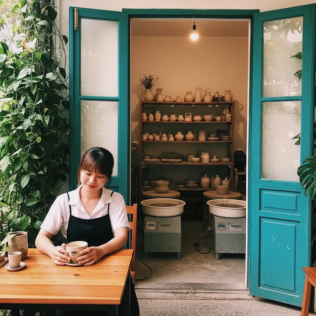 Người phụ nữ Việt Nam thư giãn trong quán cà phê kết hợp xưởng gốm.