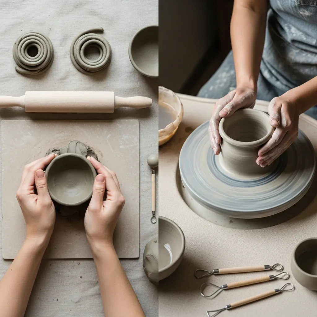 So sánh hai kỹ thuật làm gốm: nặn tay và bàn xoay.