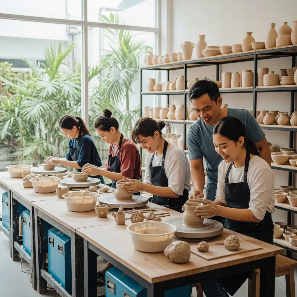 Xưởng gốm tại Sài Gòn với nhiều học viên người Việt đang thực hành làm gốm, không gian tràn ngập ánh sáng và cây xanh.