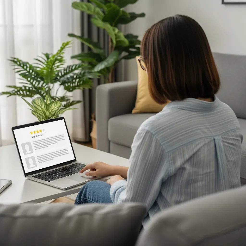 Người dùng đang kiểm tra đánh giá trên laptop trước khi chọn spa massage.