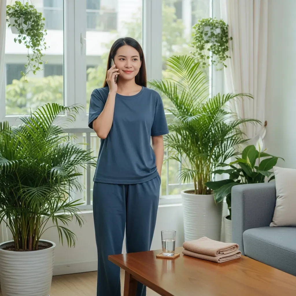 Người phụ nữ Việt gọi điện đặt lịch massage tại nhà, không gian ấm cúng.