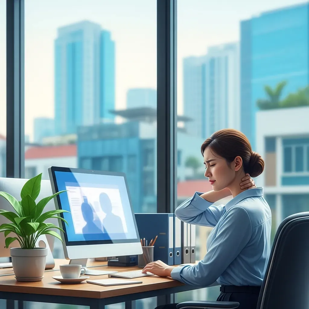 Nữ nhân viên văn phòng người Việt bị đau cổ vai gáy do ngồi lâu.