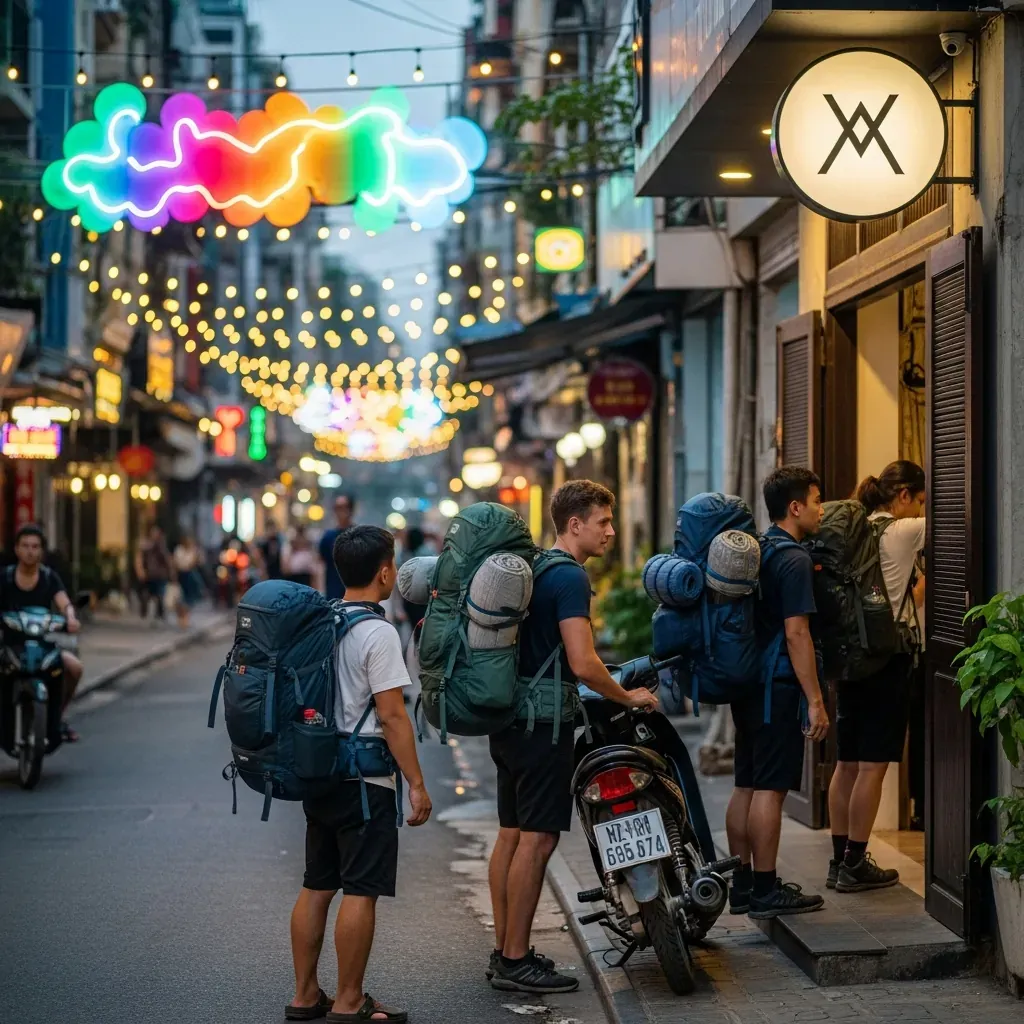 Cảnh đường Bùi Viện sôi động, du khách ba lô Việt Nam đang tiến vào hostel.