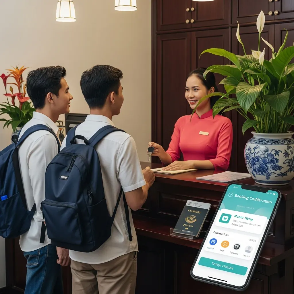 Cặp đôi du lịch hỏi nhân viên lễ tân về giá phòng và giấy tờ cần thiết.