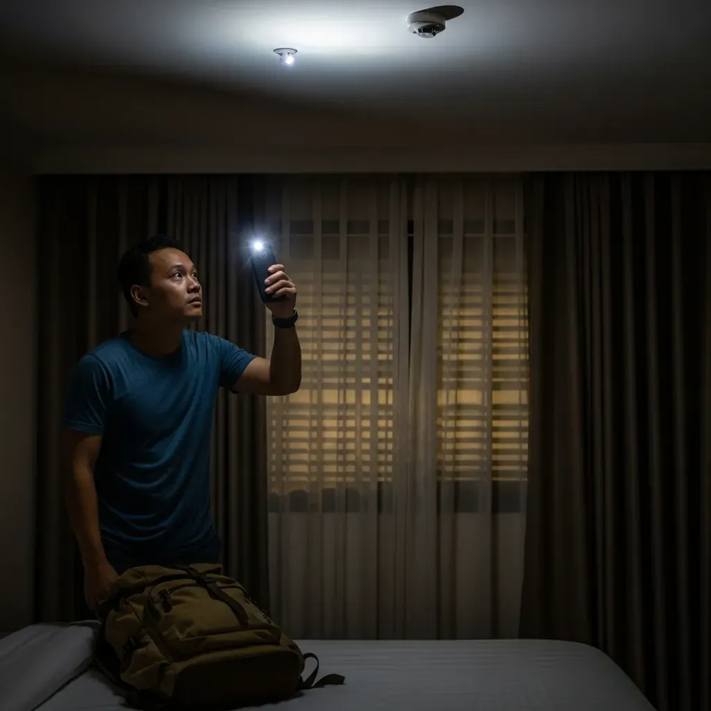 Du khách nam dùng đèn pin điện thoại kiểm tra đầu báo khói nghi ngờ có camera ẩn.