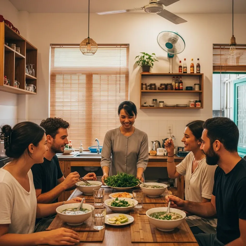 Khu bếp chung ấm cúng của Saigon Authentic Hostel, khách đang ăn sáng cùng nhân viên.