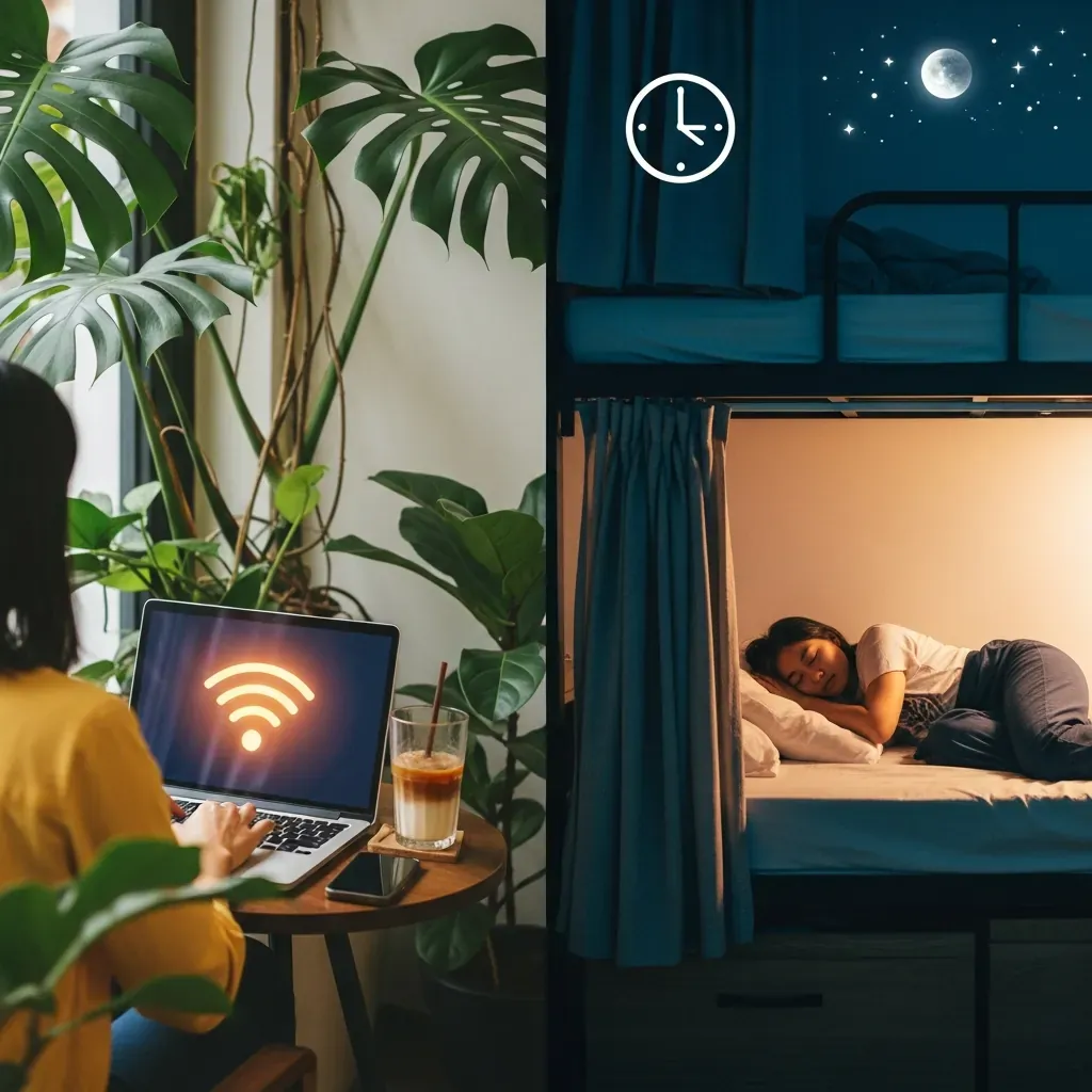 Làm việc tại quán cà phê yên tĩnh và ngủ ở dorm tiết kiệm, giải pháp cho ngân sách thấp.
