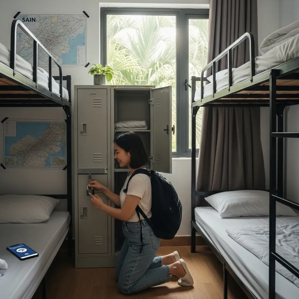 Nữ du khách một mình an tâm kiểm tra tủ đồ trong hostel an toàn.