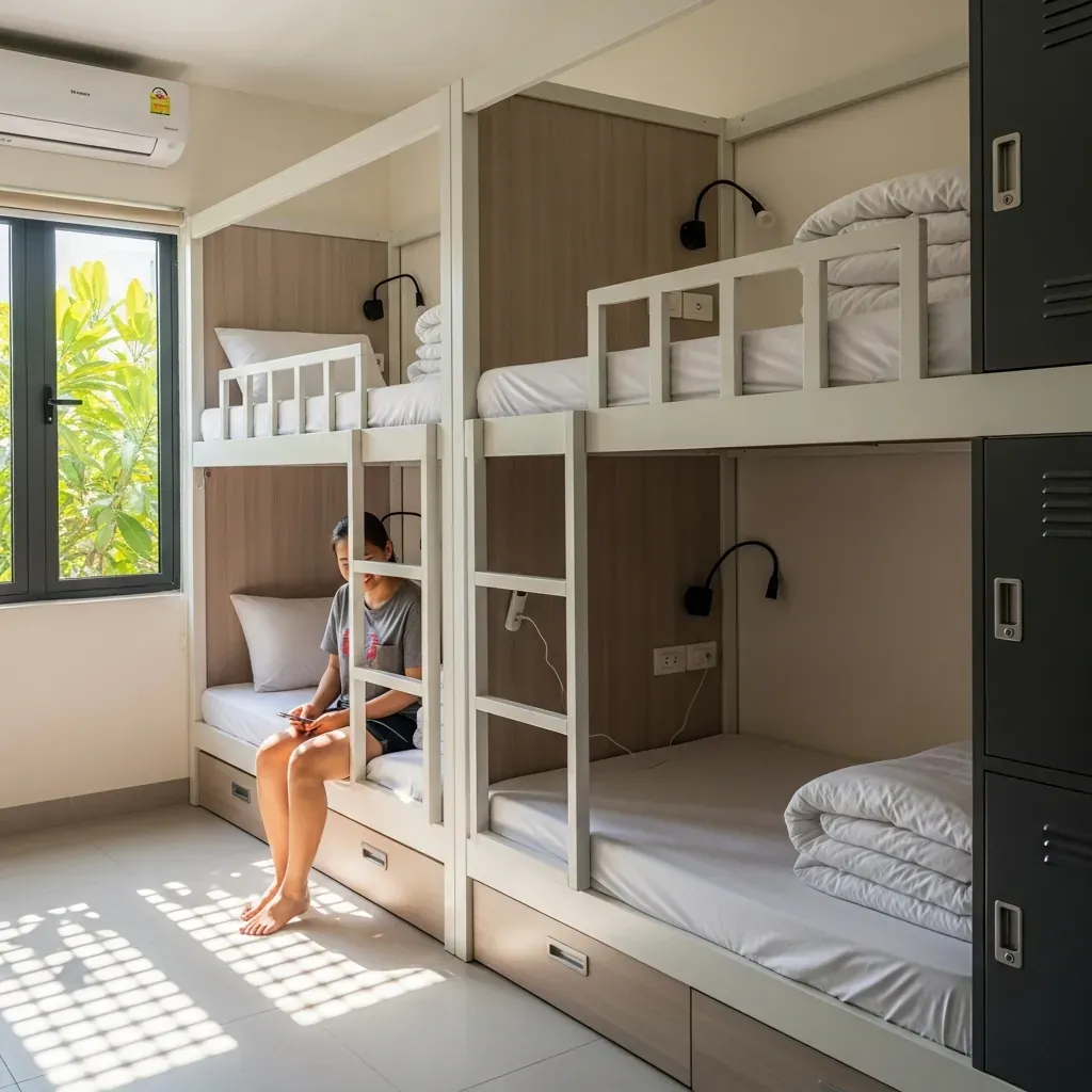 Phòng dorm sạch sẽ tại Vy Da Backpackers Hostel với giường tầng, tủ đồ cá nhân, một nữ du khách Việt đang sạc điện thoại.