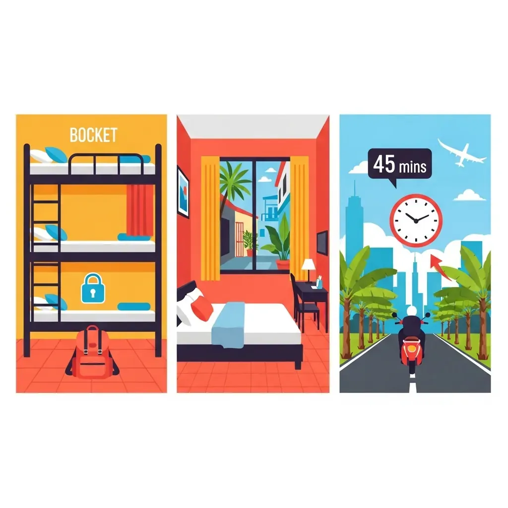 So sánh trực quan 3 lựa chọn lưu trú: dorm, phòng riêng trung tâm, và nhà nghỉ ngoại ô.
