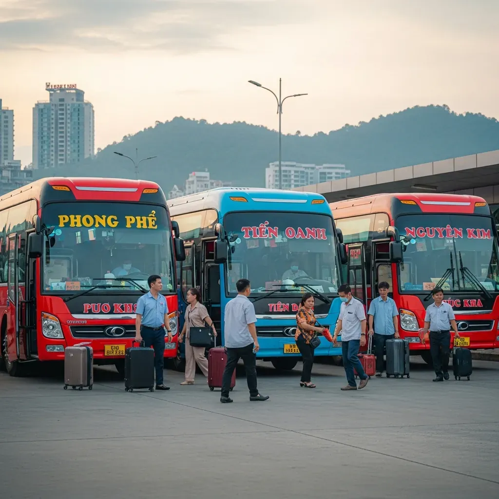 Ba nhà xe limousine cao cấp khác nhau đỗ cạnh nhau tại bến xe, hành khách Việt Nam lên xe.