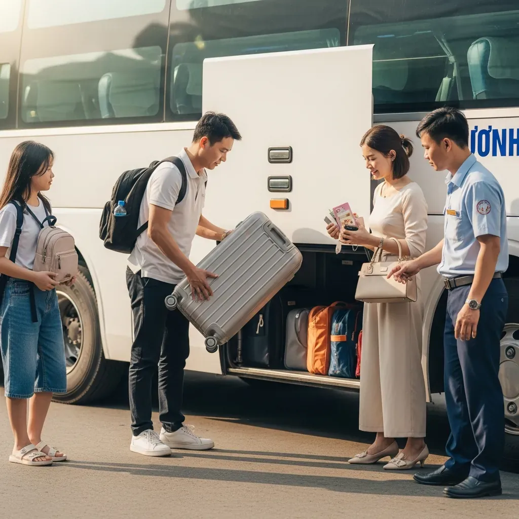 Gia đình Việt Nam gửi hành lý ký gửi an toàn lên xe An Anh Limousine tại bến Sài Gòn.