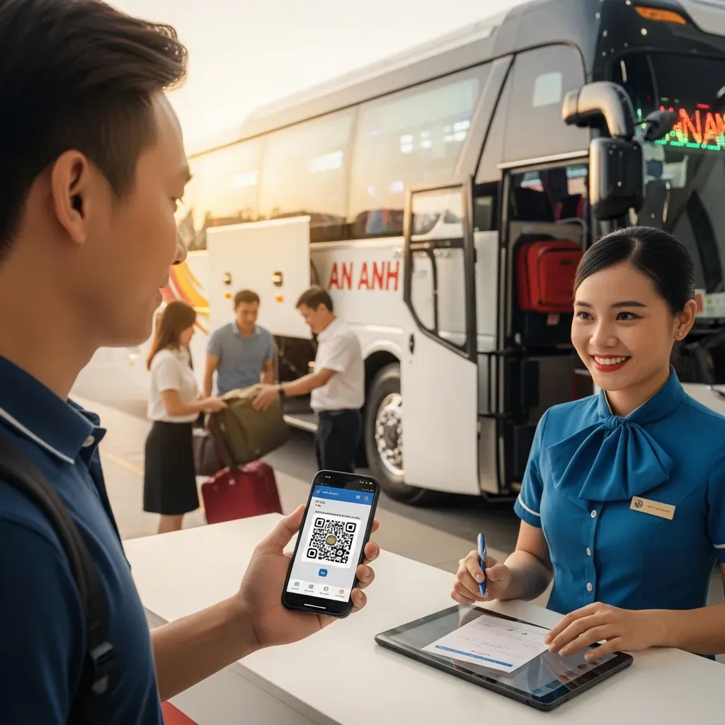 Hành khách Việt Nam đang check-in bằng mã QR tại quầy văn phòng nhà xe An Anh Limousine ở Sài Gòn.