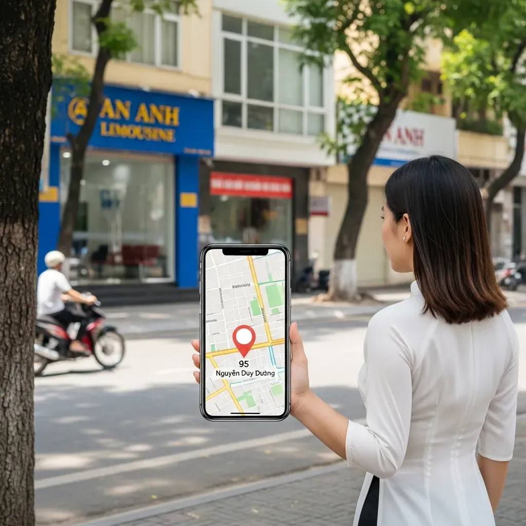 Nữ hành khách Việt Nam dùng bản đồ trên điện thoại để xác minh địa chỉ văn phòng An Anh Limousine tại Sài Gòn.