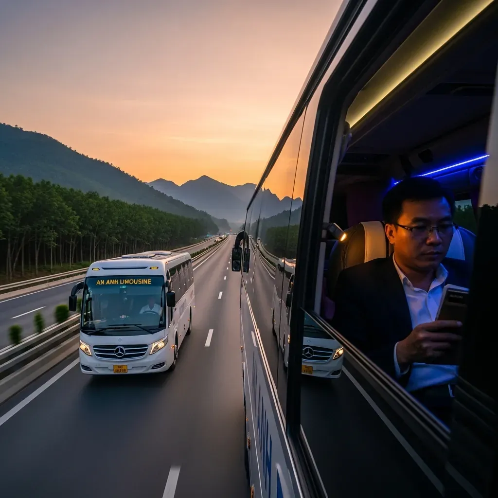 Xe An Anh Limousine đời mới chạy tuyến cao tốc Sài Gòn – Đà Lạt lúc hoàng hôn.
