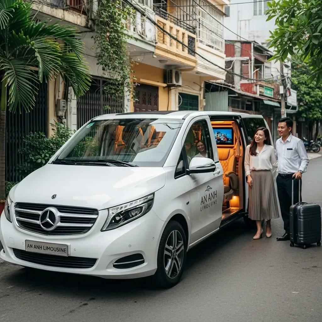 Xe limousine Mercedes-Benz V-Class của An Anh đón khách trước một dãy nhà ống kiểu Sài Gòn.