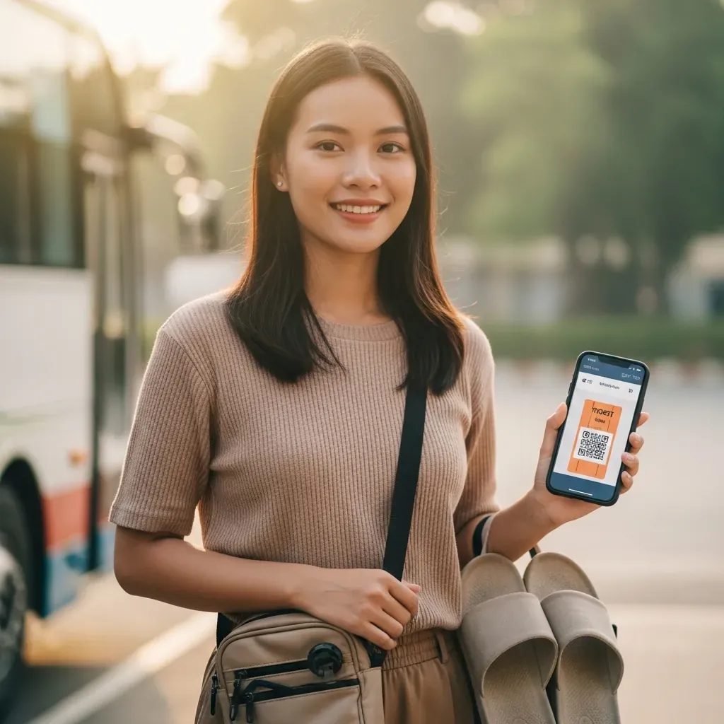 Hành khách nữ Việt Nam chuẩn bị lên xe với túi đeo trước ngực, dép dễ tháo và điện thoại vé.