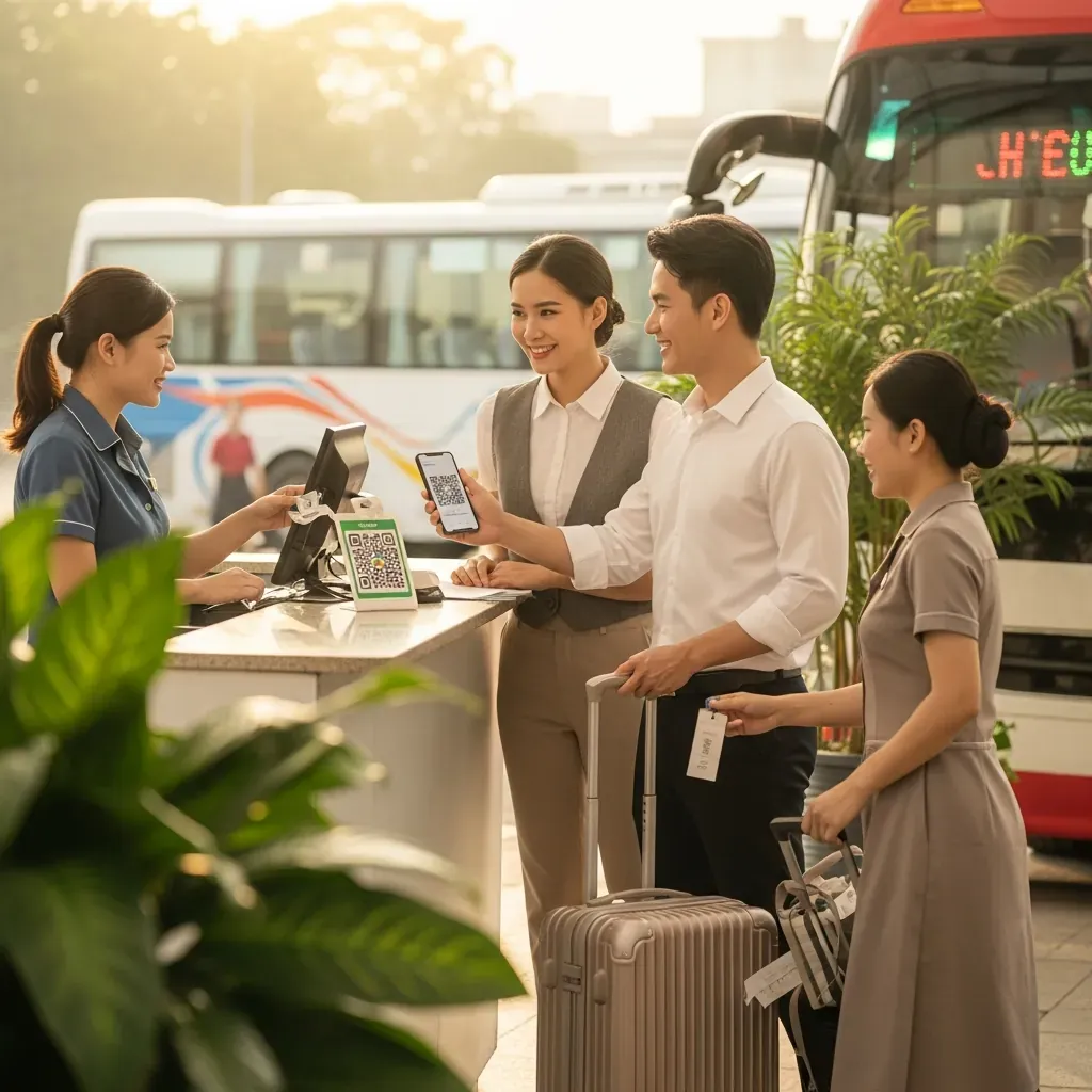 Hành khách Việt Nam làm thủ tục tại quầy vé, gửi hành lý và lên xe tại bến xe.