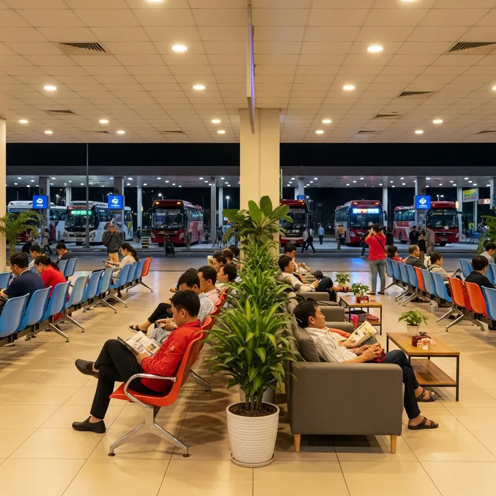 Khu vực chờ tại bến xe Việt Nam với ghế nhựa phổ thông và phòng chờ cao cấp.