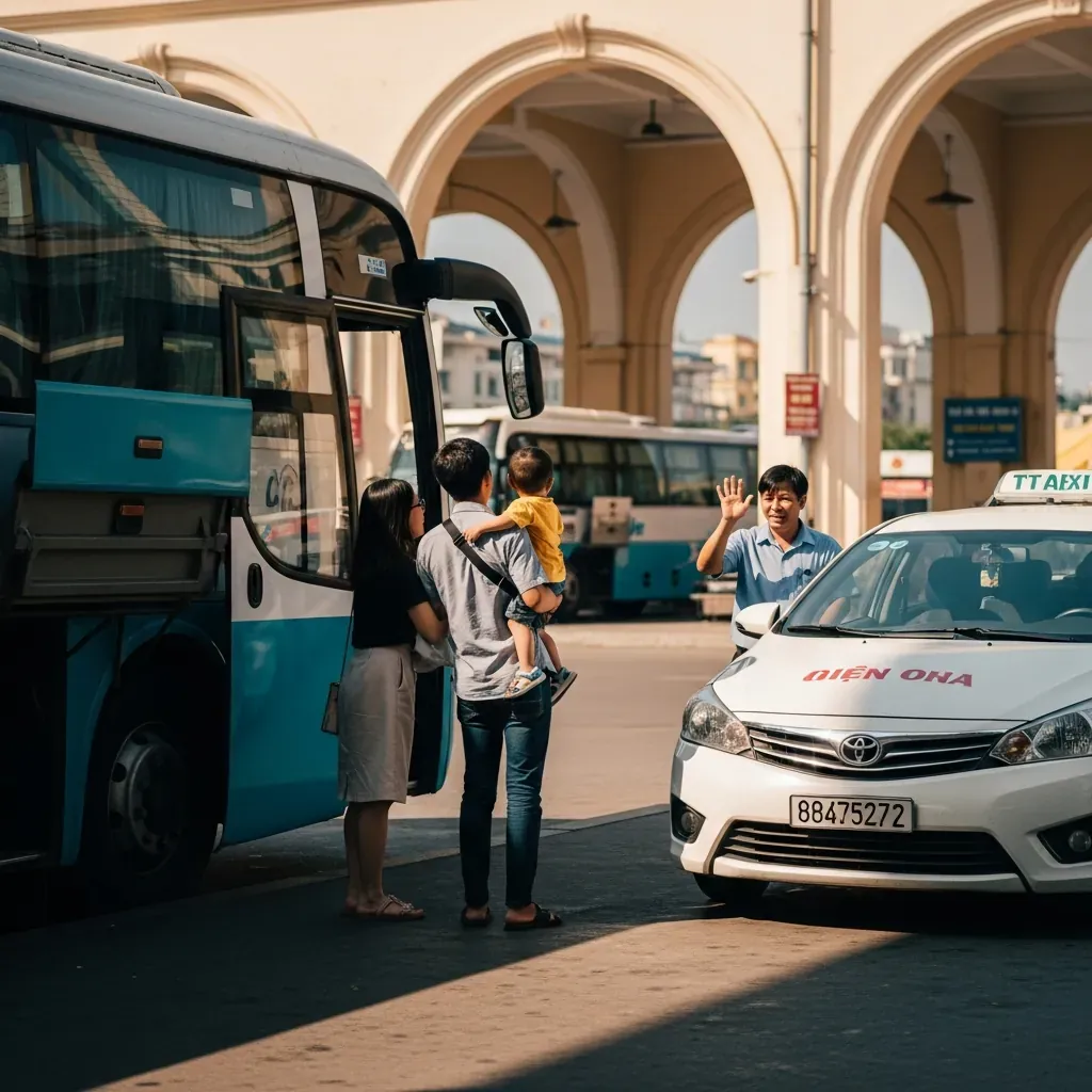 Gia đình Việt đang lựa chọn giữa xe khách giường nằm và taxi màu trắng.