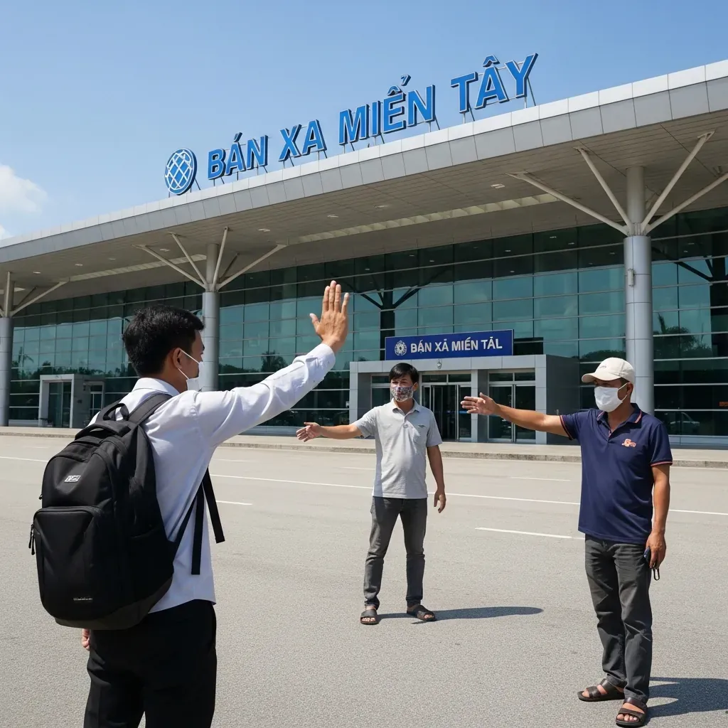 Hành khách từ chối người mời ra điểm đón bến cóc bên ngoài Bến xe Miền Tây.