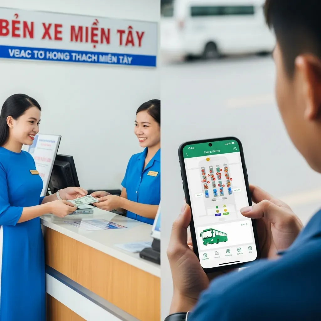 Hình ảnh kết hợp: bên trái người phụ nữ mua vé tại quầy, bên phải nam thanh niên đặt vé qua ứng dụng điện thoại.