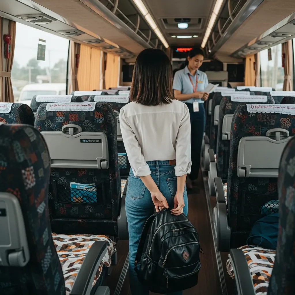 Một nữ hành khách người Việt trên xe giường nằm đang cất hành lý dưới ghế, nhân viên phụ xe kiểm tra vé.