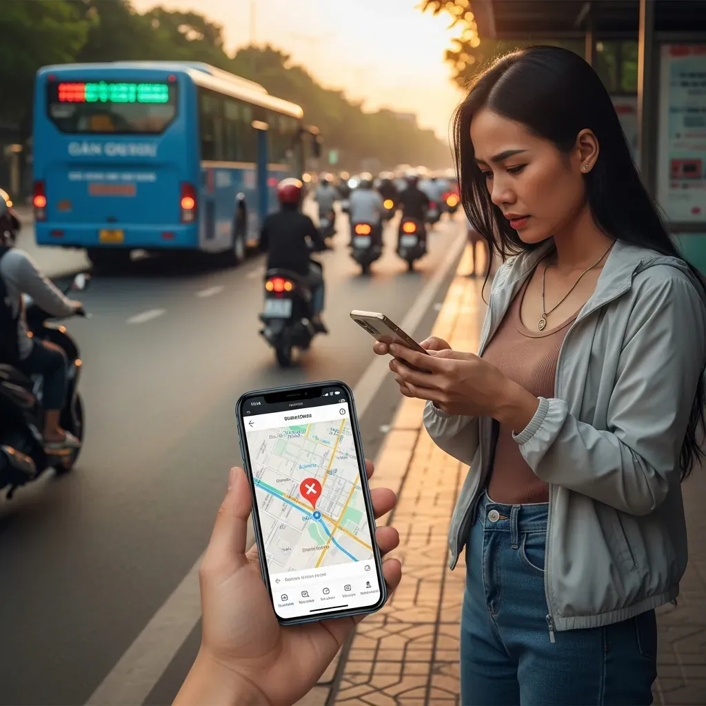 Người phụ nữ Việt lo lắng nhìn điện thoại bản đồ có dấu X, xe buýt đang rời đi.