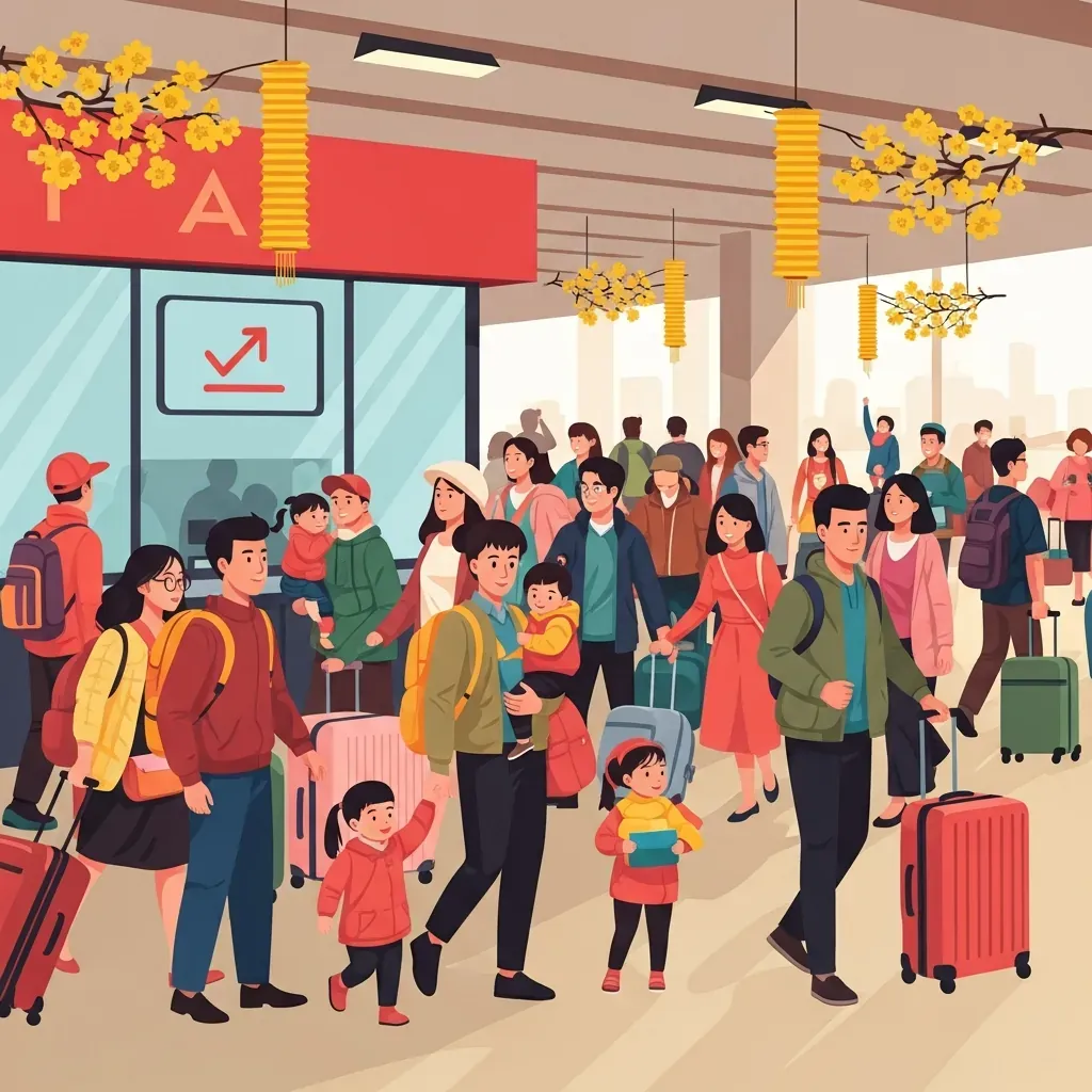 Sân bến xe đông nghẹt dịp Tết, có quầy vé với biểu tượng mũi tên hướng lên.