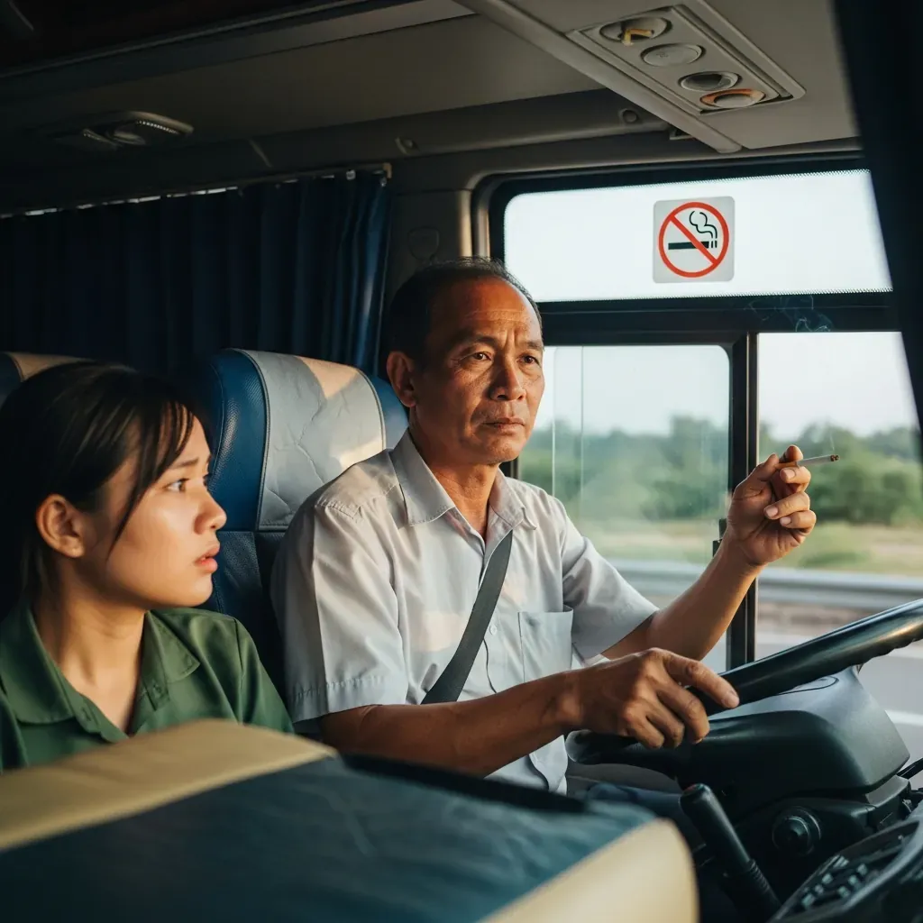 Tài xế xe khách hút thuốc, hành khách nữ lo lắng, biểu tượng cấm hút thuốc không chữ.