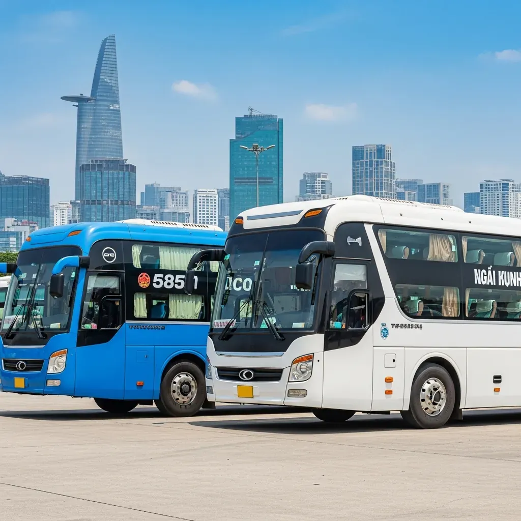 Xe giường nằm truyền thống bên cạnh xe limousine sang trọng tại bến xe, có đường chân trời Sài Gòn.