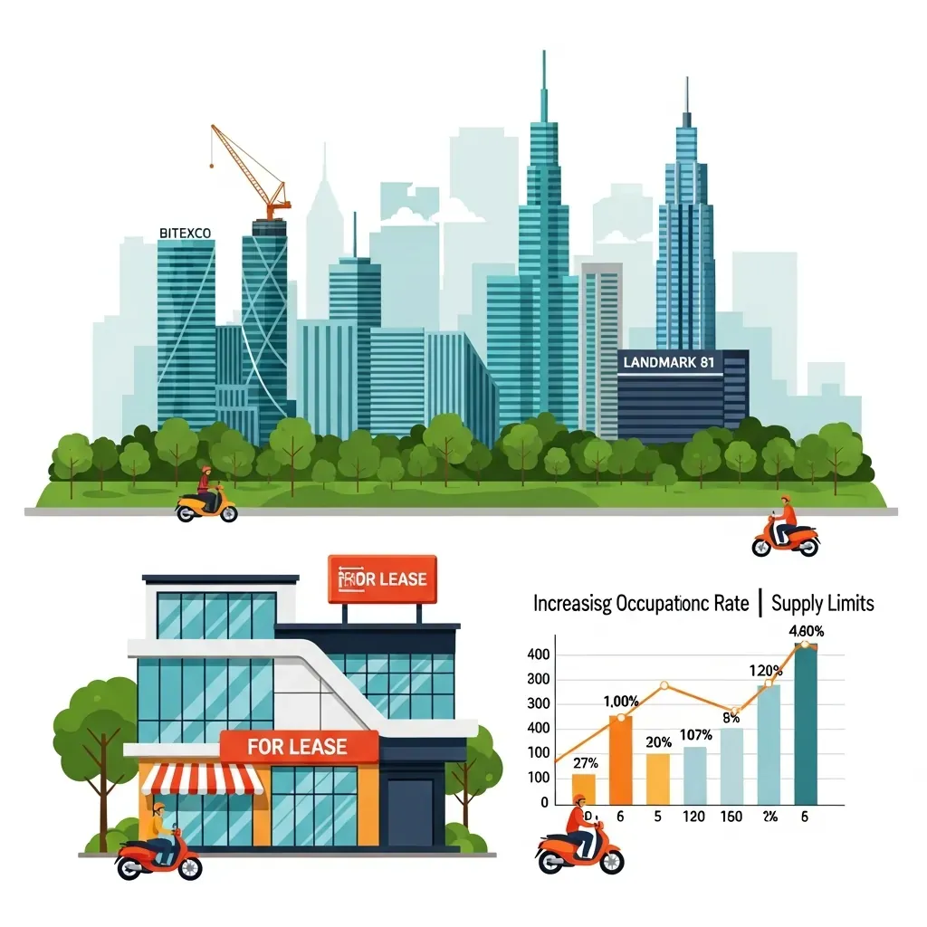 Biểu đồ minh họa thị trường bán lẻ TP.HCM với tòa nhà và biểu đồ.