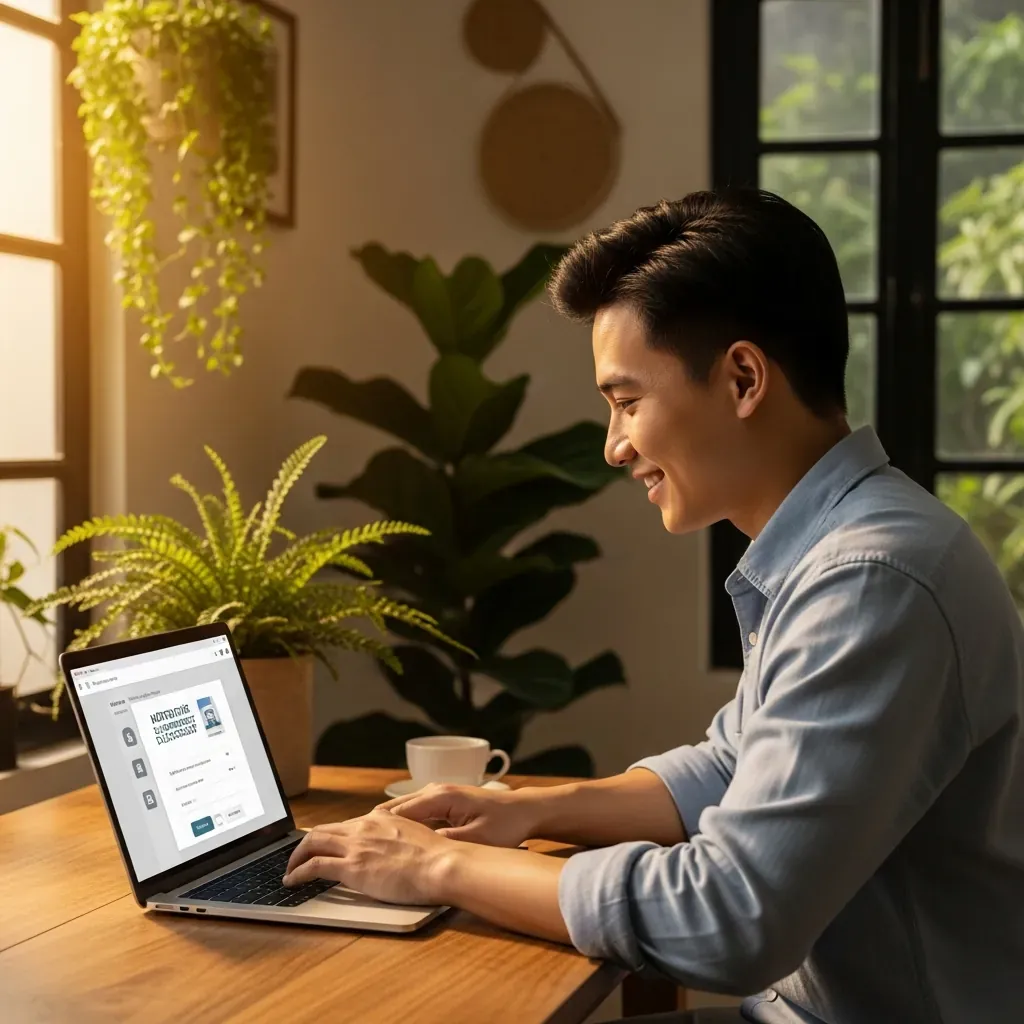 Người đàn ông đăng ký thẻ thành viên siêu thị trên máy tính.