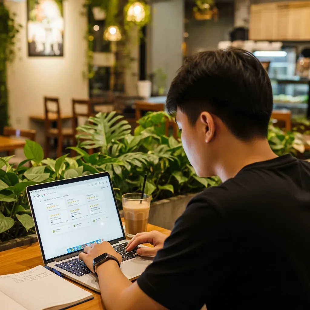 Người đàn ông kiểm tra độ tin cậy của đánh giá siêu thị trên máy tính.