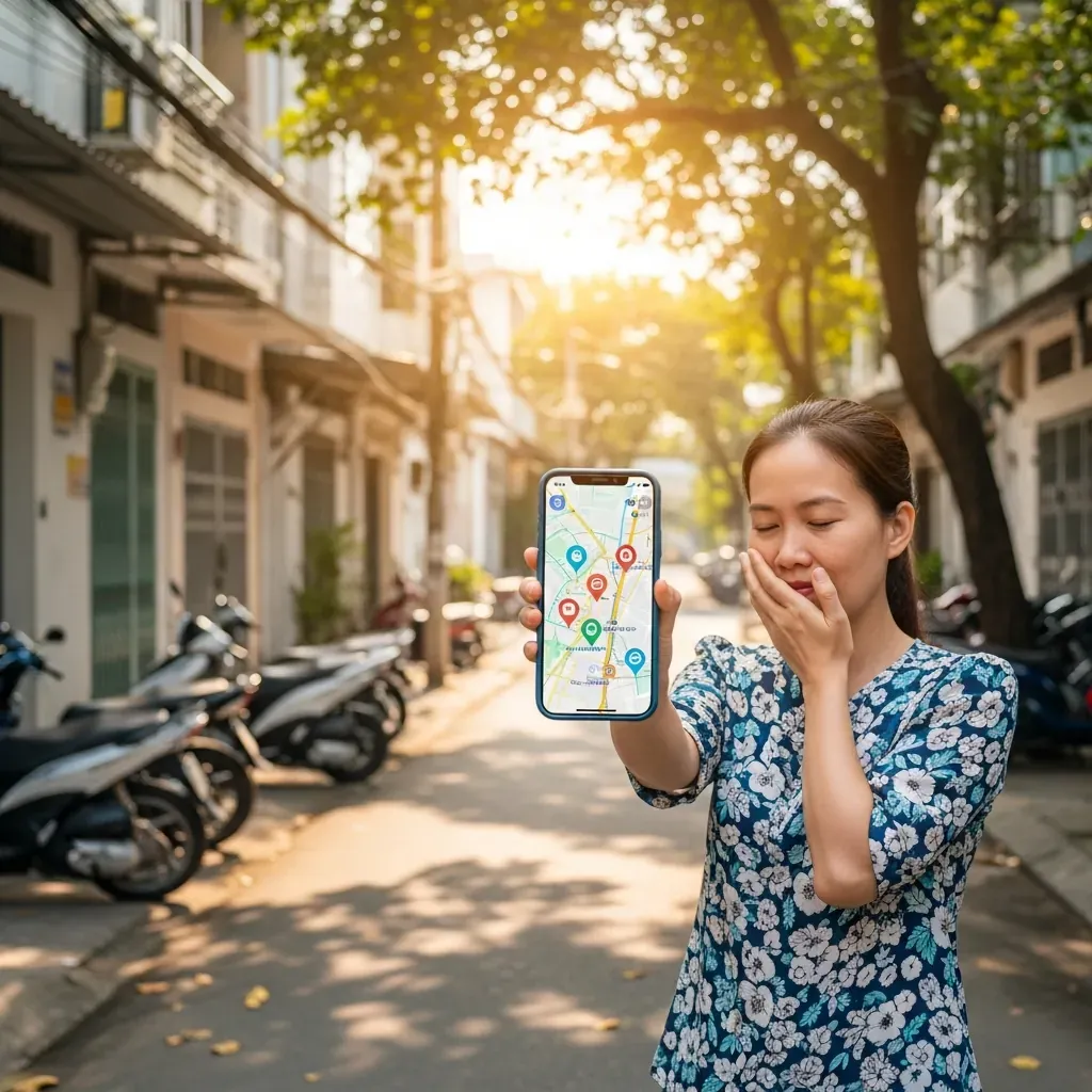 Người phụ nữ xem bản đồ siêu thị dự phòng trên điện thoại.