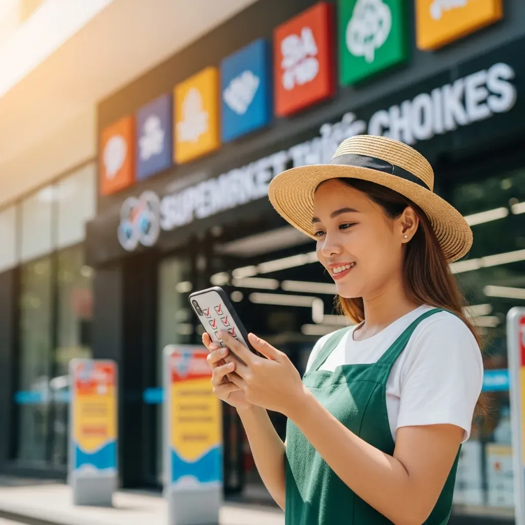 Người phụ nữ xem danh sách mua sắm trên điện thoại trước siêu thị.