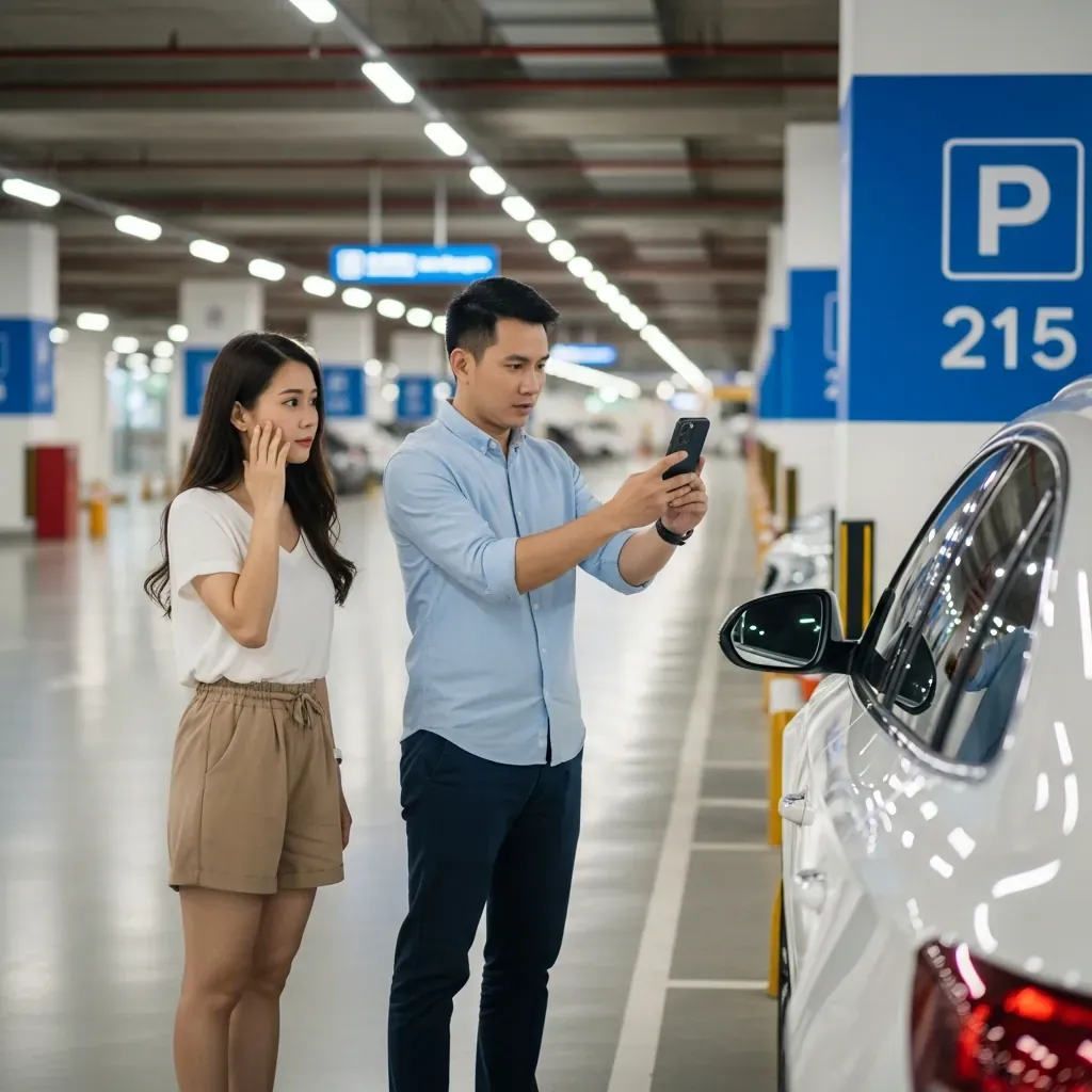 Người sử dụng điện thoại chụp ảnh vị trí đỗ xe trong bãi lớn.