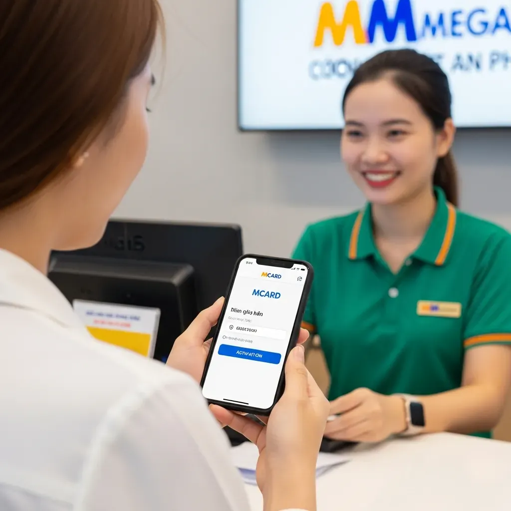 Bàn tay một phụ nữ Việt Nam đang thao tác trên ứng dụng MCARD để đăng ký thẻ thành viên tại quầy dịch vụ siêu thị.