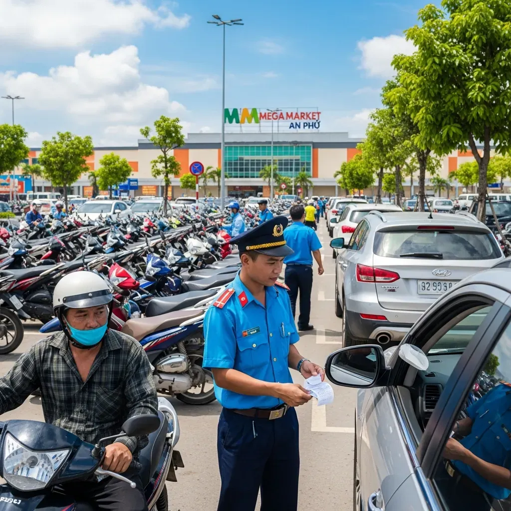 Khu vực bãi xe đông đúc nhưng có tổ chức tại siêu thị MM Mega Market An Phú, nhân viên hỗ trợ kiểm tra phiếu gửi xe.