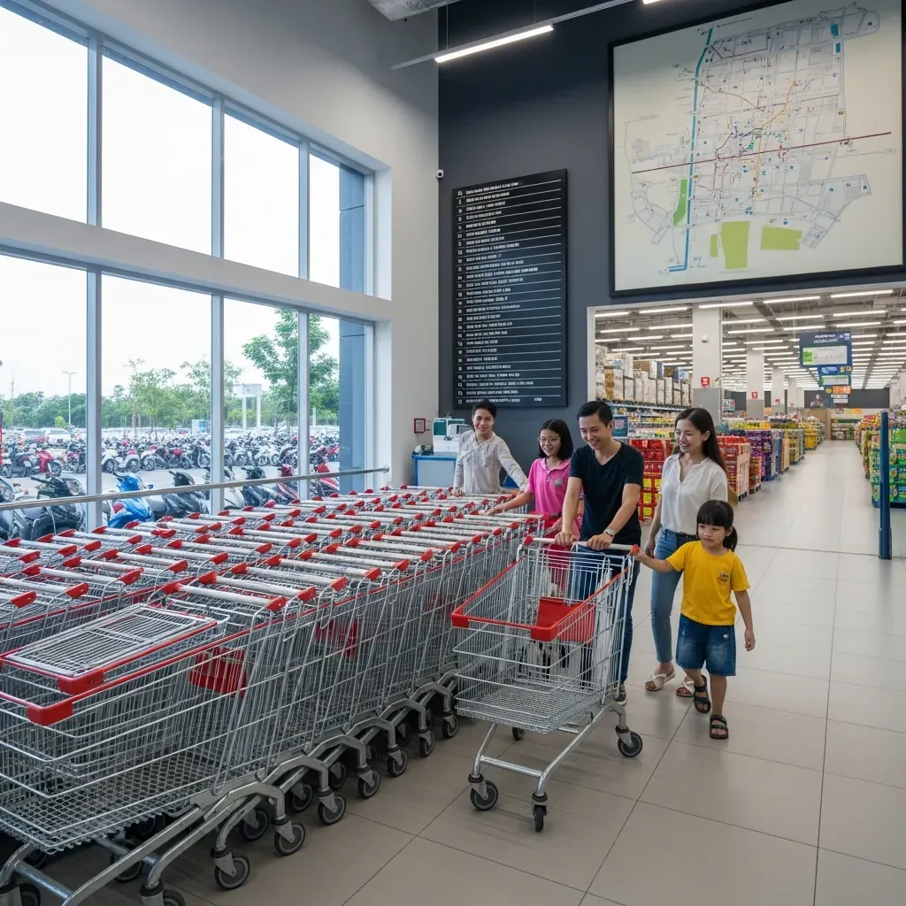 Lối vào siêu thị với hàng loạt xe đẩy sẵn sàng phục vụ, không khí rộng rãi, tiện nghi.