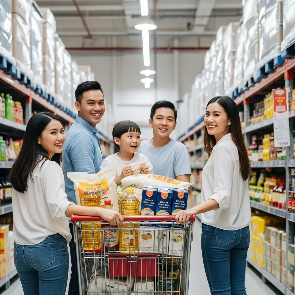 Một gia đình Việt Nam đẩy xe hàng đầy sản phẩm số lượng lớn trong siêu thị MM Mega Market An Phú, không khí tươi sáng.
