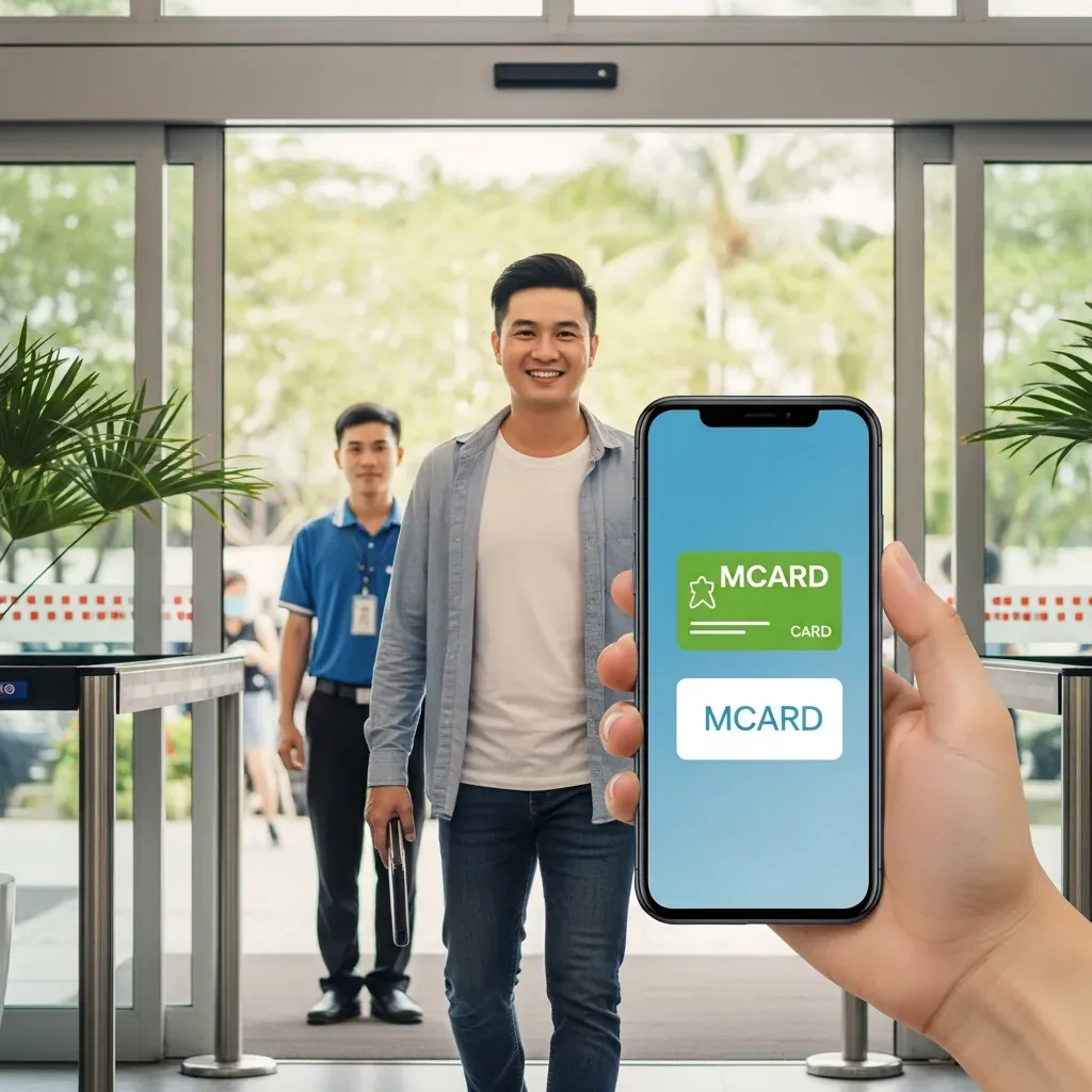 Một khách hàng cá nhân vui vẻ bước vào siêu thị, trên tay là thẻ thành viên điện tử trên điện thoại.