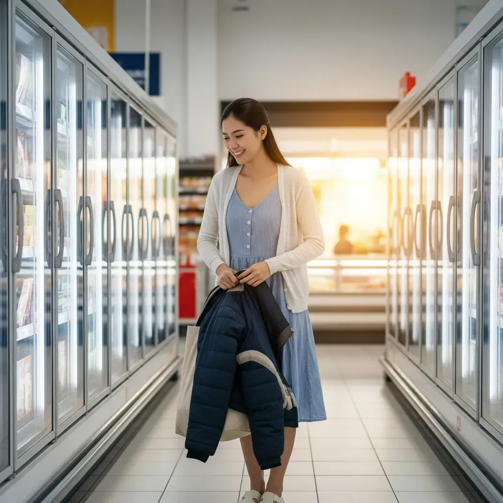 Người phụ nữ mặc thêm áo khoác nhẹ trong lúc đi dạo khu đông lạnh, sự chuẩn bị nhỏ giúp thoải mái hơn.