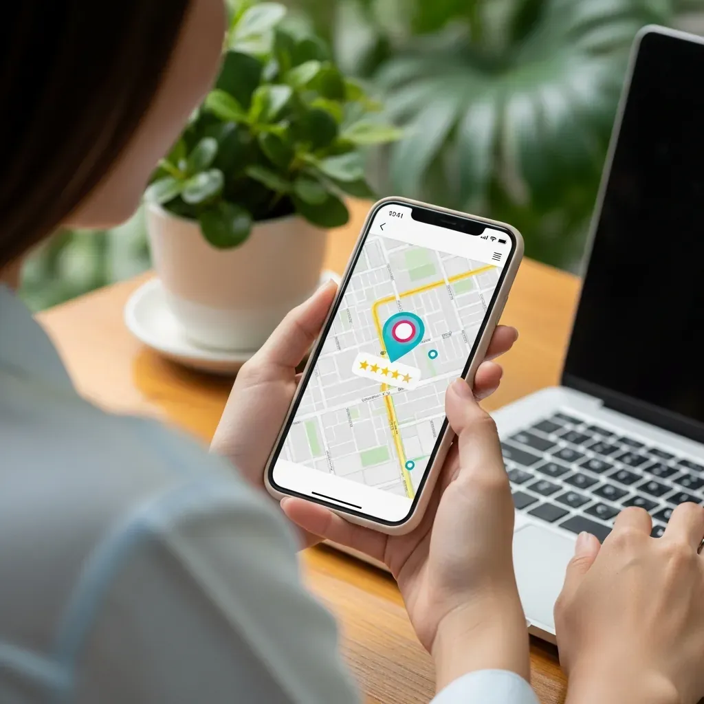 Người phụ nữ Việt đang kiểm tra đánh giá trên bản đồ điện thoại, trước màn hình máy tính.