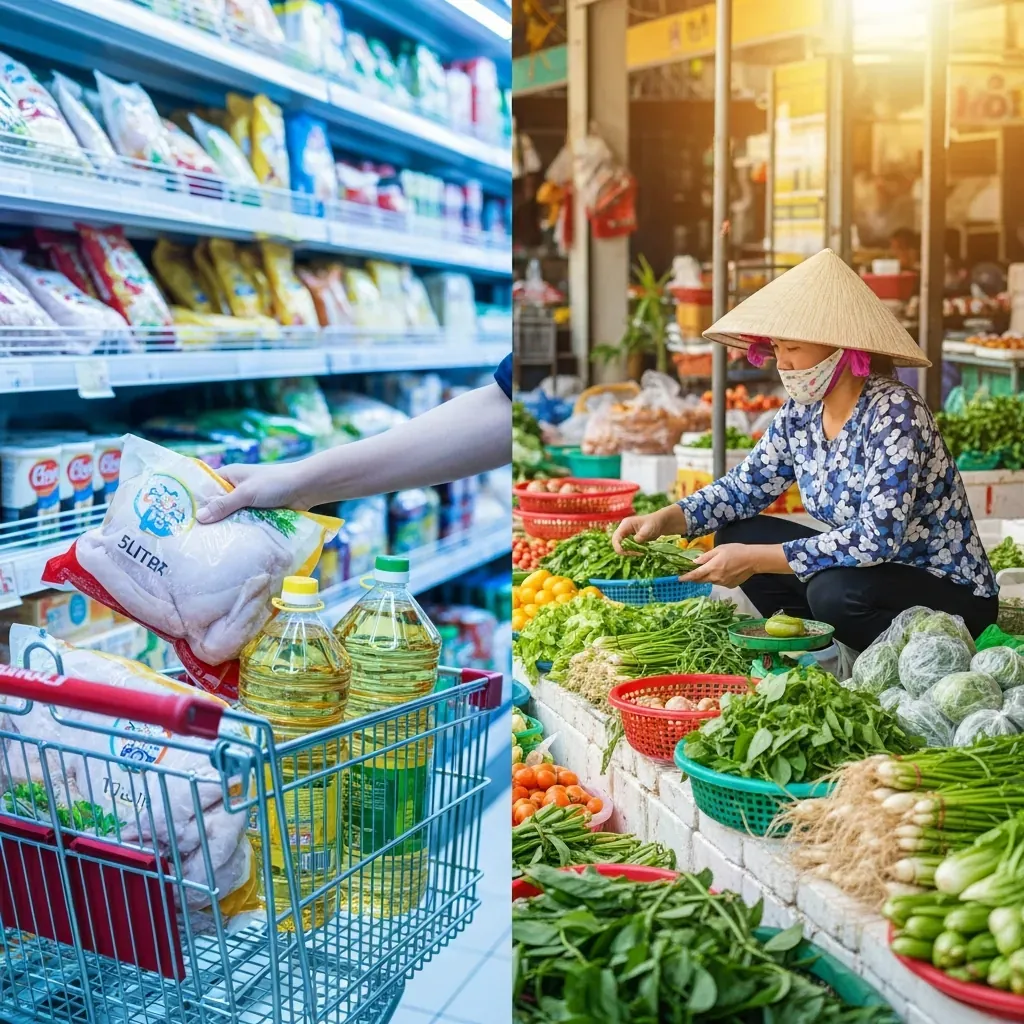 So sánh trực quan giữa mua thực phẩm đông lạnh số lượng lớn và mua rau tươi tại chợ truyền thống.