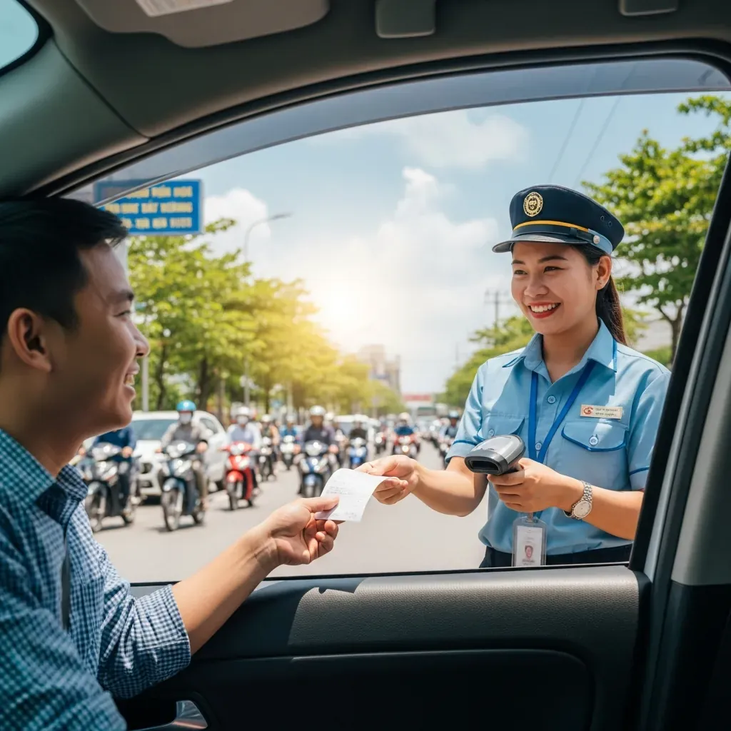 Tài xế đang đưa hóa đơn mua sắm cho nhân viên bãi xe để được miễn phí, khung cảnh trong lành.