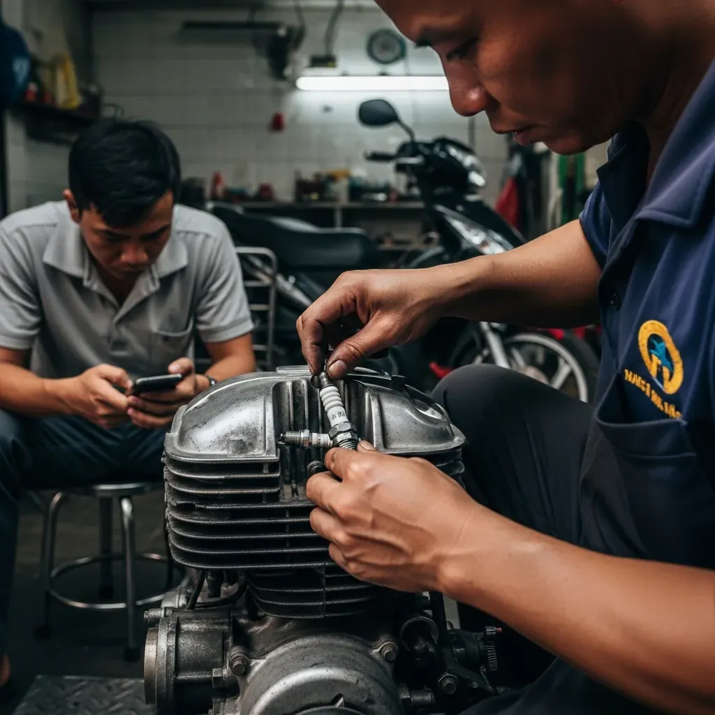 Cảnh một người thợ đang lén thay bugi giả trong lúc khách không để ý.